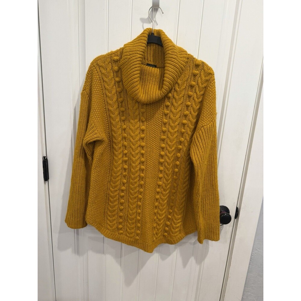 Talbots Sweater Womens XL Mustard Gold Wool Blend Cable Knit Bobble Cowl Neck